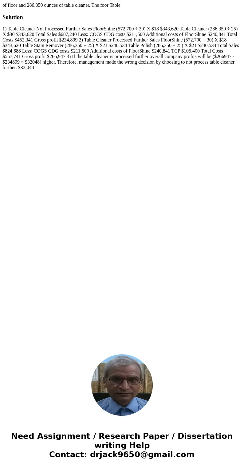  of floor and 286,350 ounces of table cleaner. The foor Table Solution 1) Table Cleaner Not Processed Further Sales FloorShine (572,700 ÷ 30) X $18 $343,620 Tab