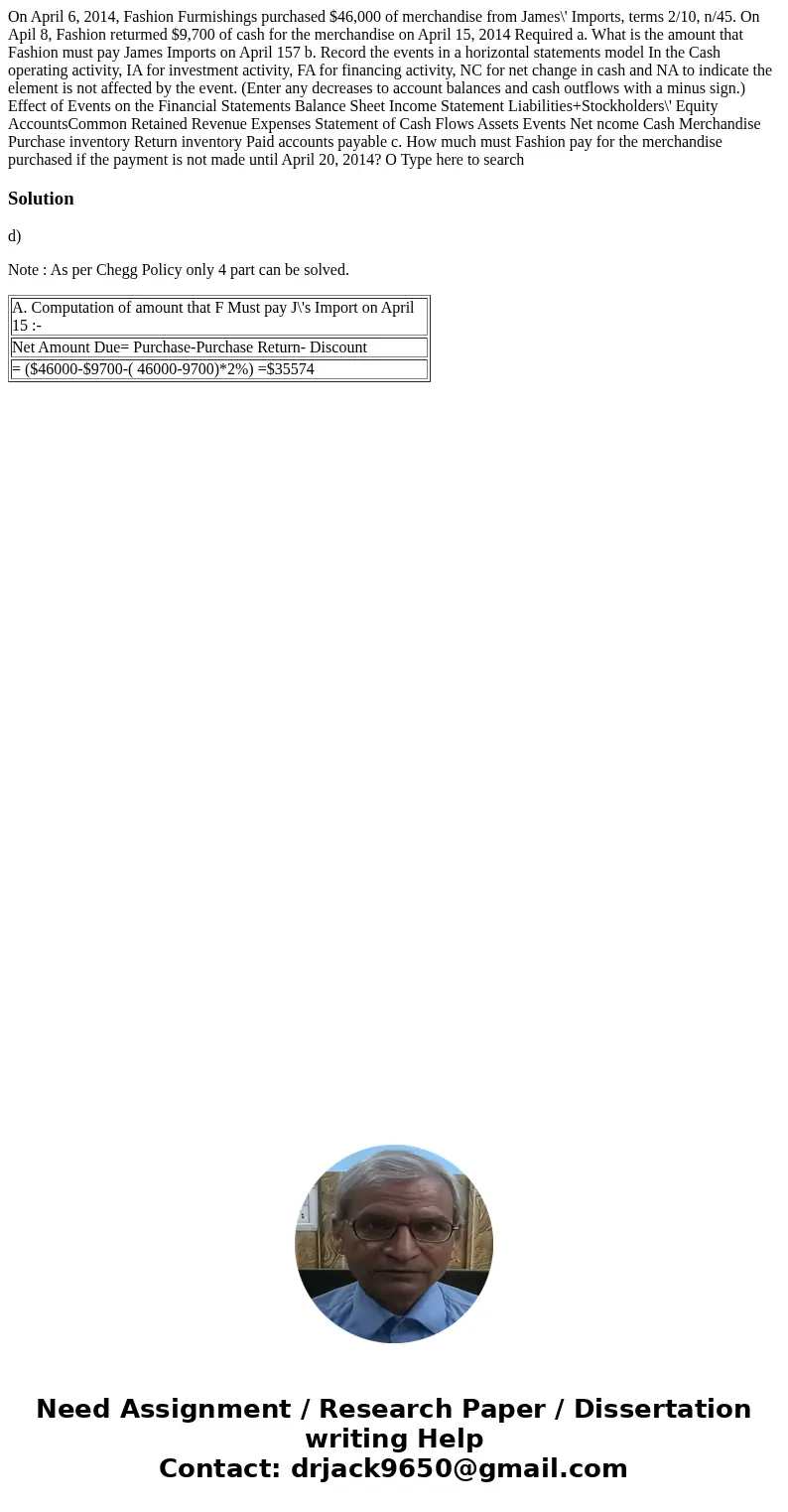  On April 6, 2014, Fashion Furmishings purchased $46,000 of merchandise from James\' Imports, terms 2/10, n/45. On Apil 8, Fashion returmed $9,700 of cash for t