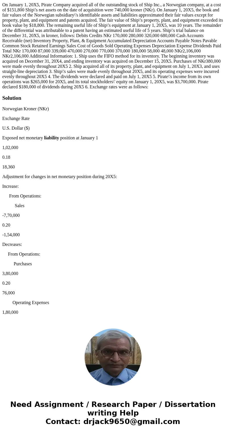  On January 1, 20X5, Pirate Company acquired all of the outstanding stock of Ship Inc., a Norwegian company, at a cost of $151,800 Ship\'s net assets on the dat