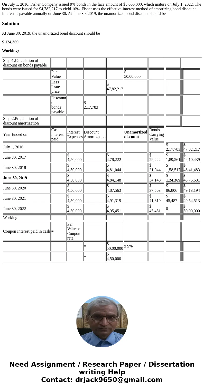 On July 1, 2016, Fisher Company issued 9% bonds in the face amount of $5,000,000, which mature on July 1, 2022. The bonds were issued for $4,782,217 to yield 10