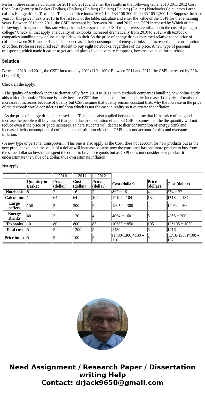 Perform these same calculations for 2011 and 2012, and enter the results in the following table. 2010 2011 2012 Cost Cost Cost Quantity in Basket (Dollars) (Do