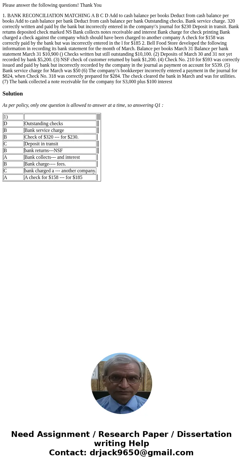Please answer the following questions! Thank You 1. BANK RECONCILIATION MATCHING A B C D Add to cash balance per books Deduct from cash balance per books Add to