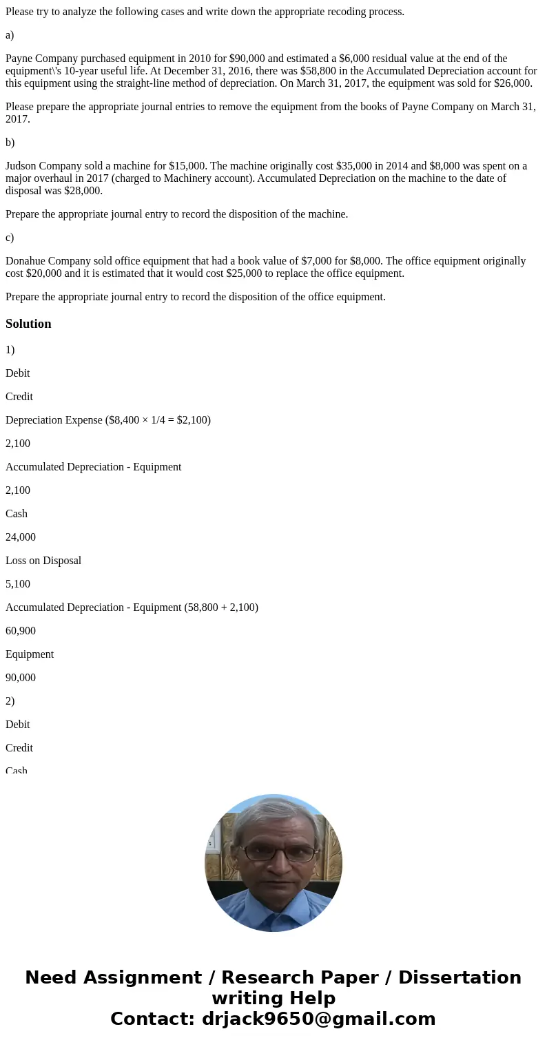Please try to analyze the following cases and write down the appropriate recoding process. a) Payne Company purchased equipment in 2010 for $90,000 and estimate