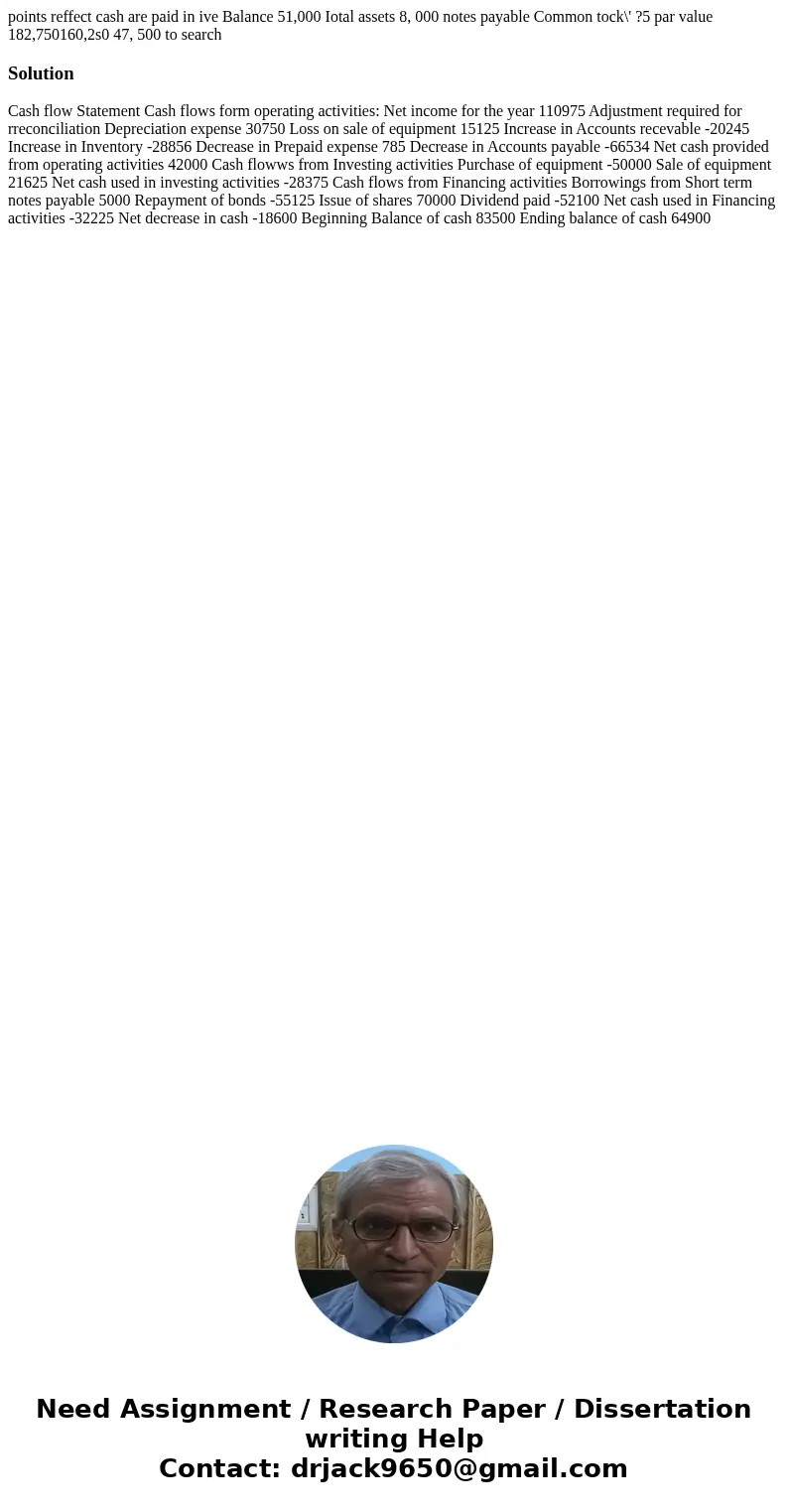  points reffect cash are paid in ive Balance 51,000 Iotal assets 8, 000 notes payable Common tock\' ?5 par value 182,750160,2s0 47, 500 to search Solution Cash 