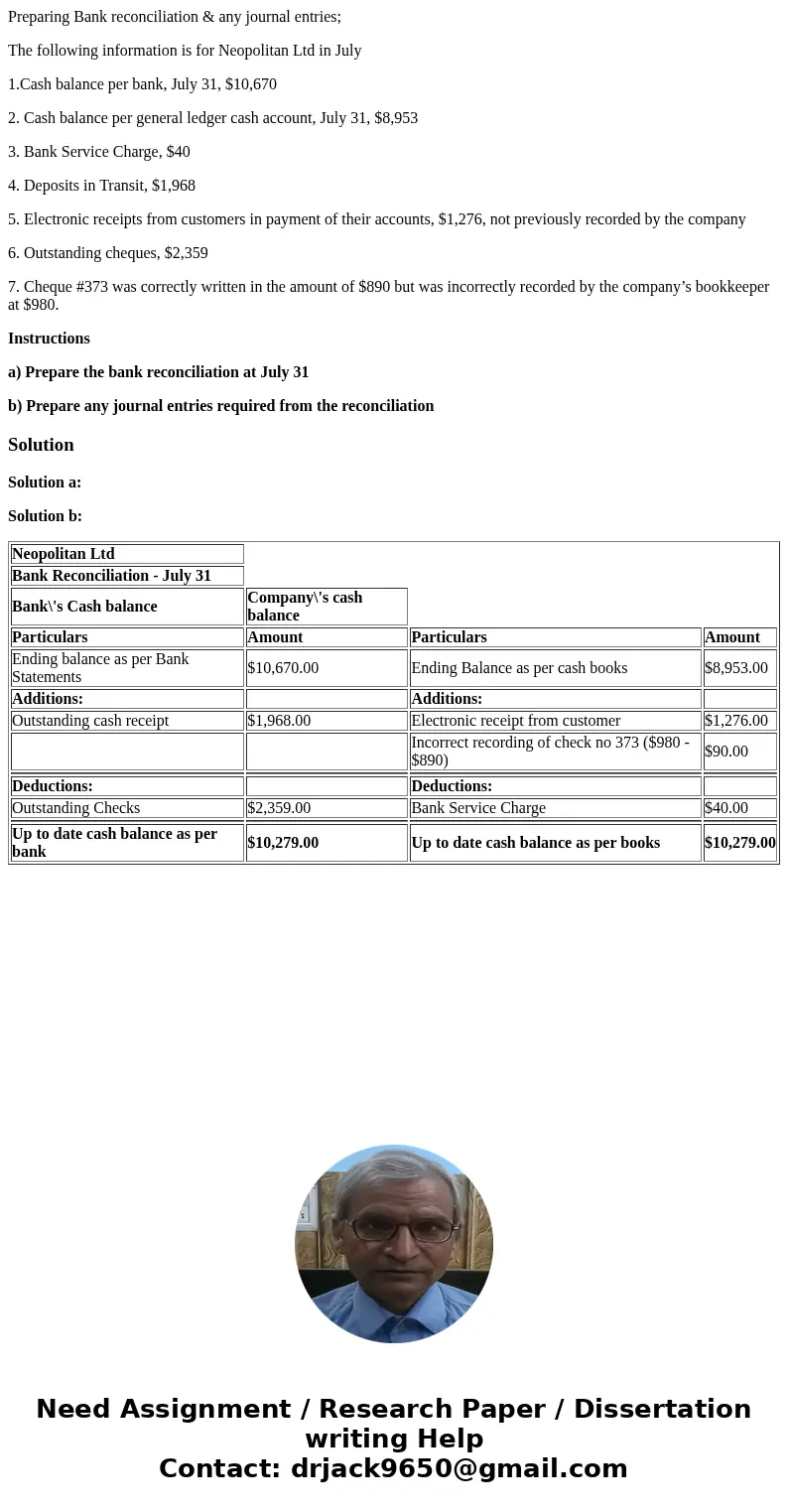Preparing Bank reconciliation & any journal entries; The following information is for Neopolitan Ltd in July 1.Cash balance per bank, July 31, $10,670 2. Ca