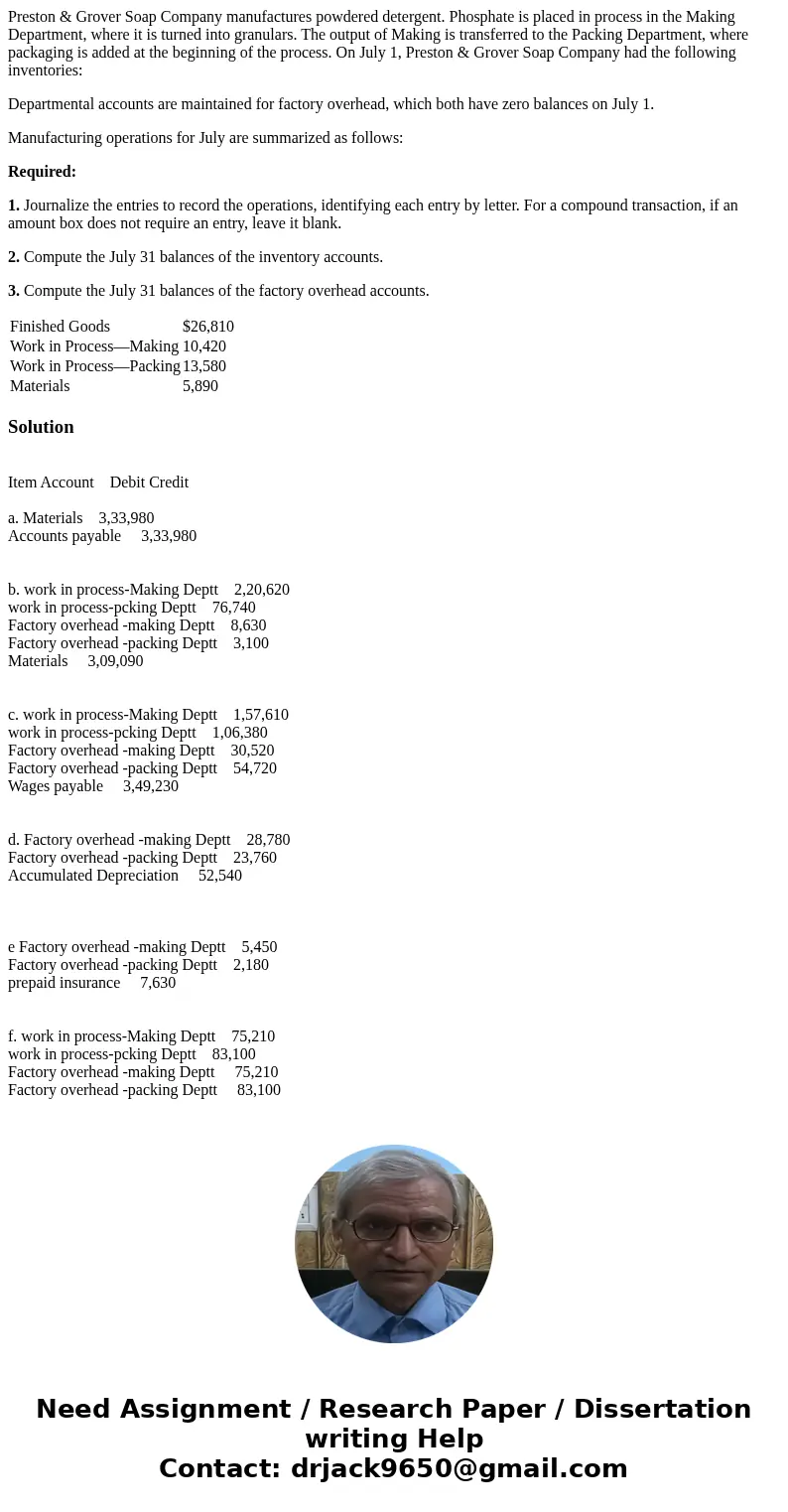 Preston & Grover Soap Company manufactures powdered detergent. Phosphate is placed in process in the Making Department, where it is turned into granulars. T