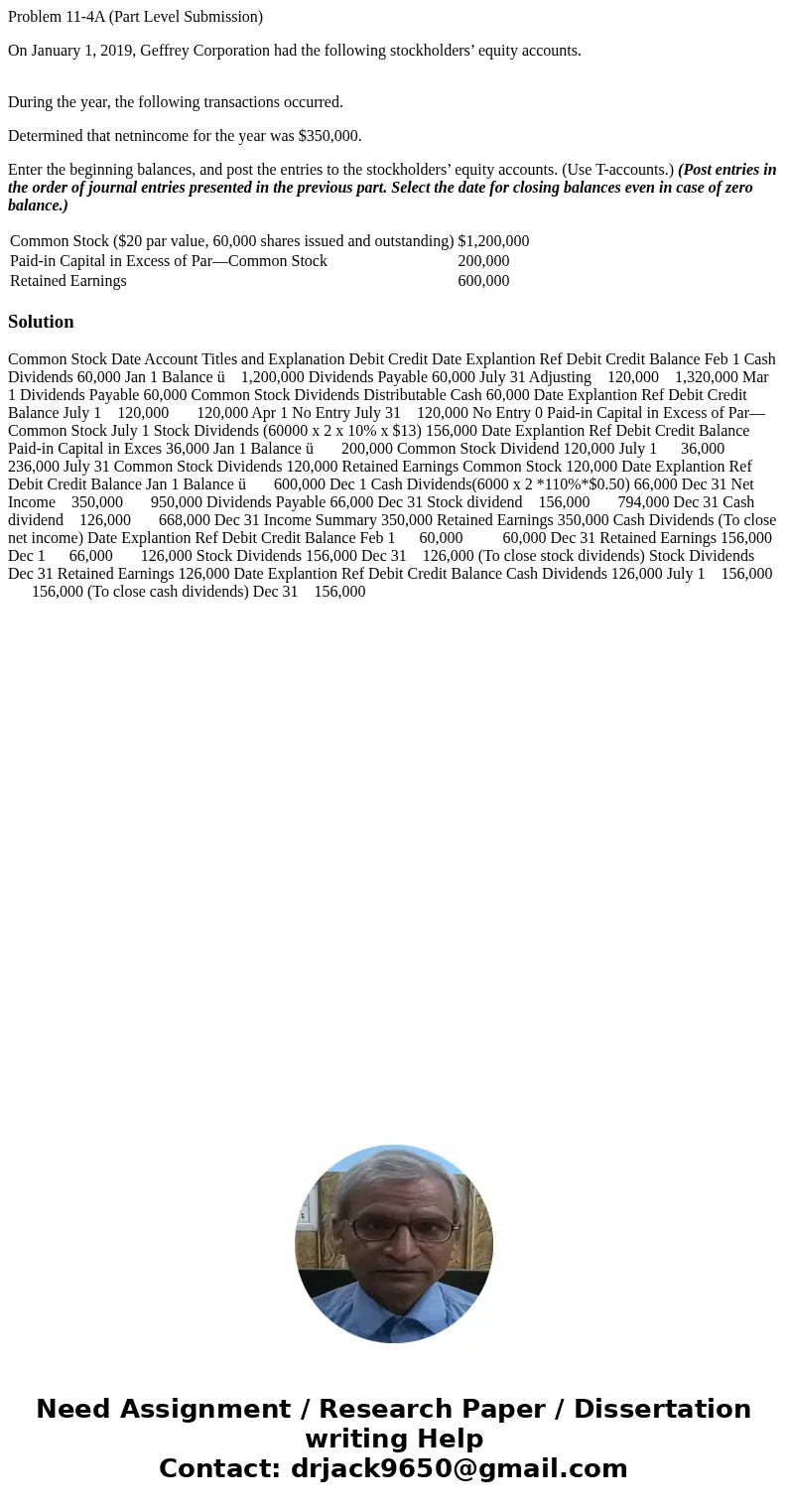 Problem 11-4A (Part Level Submission) On January 1, 2019, Geffrey Corporation had the following stockholders’ equity accounts. During the year, the following tr Problem 11-4A (Part Level Submission) On January 1, 2019, Geffrey Corporation had the following stockholders’ equity accounts. During the year, the following tr