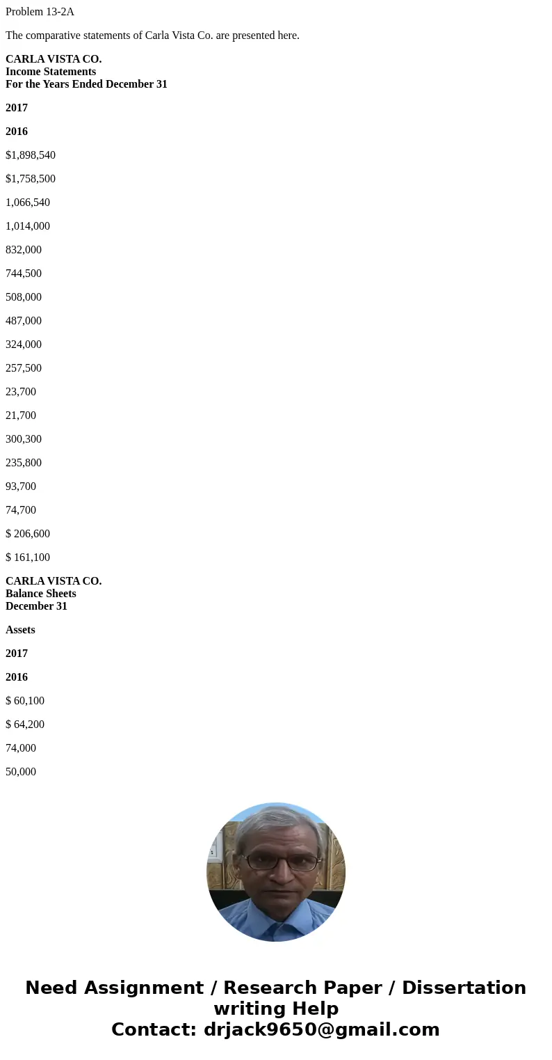 Problem 13-2A The comparative statements of Carla Vista Co. are presented here. CARLA VISTA CO. Income Statements For the Years Ended December 31 2017 2016 $1,8