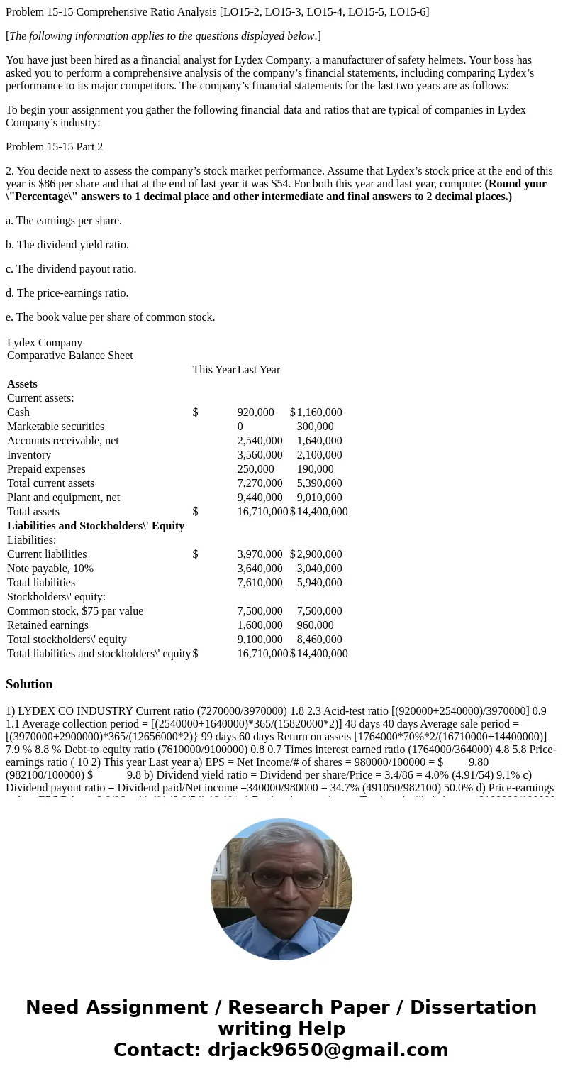 Problem 15-15 Comprehensive Ratio Analysis [LO15-2, LO15-3, LO15-4, LO15-5, LO15-6] [The following information applies to the questions displayed below.] You ha
