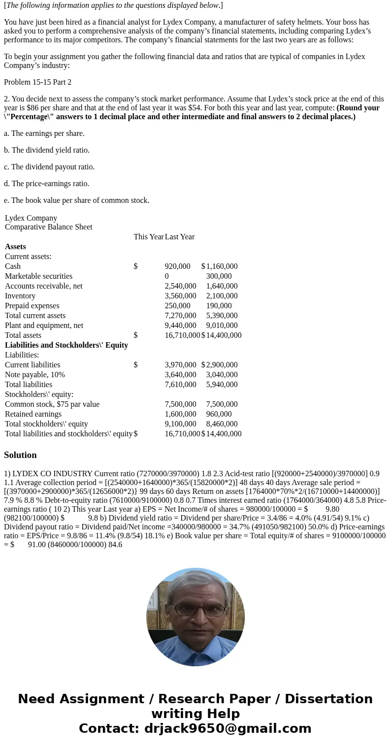 Problem 15-15 Comprehensive Ratio Analysis [LO15-2, LO15-3, LO15-4, LO15-5, LO15-6] [The following information applies to the questions displayed below.] You ha