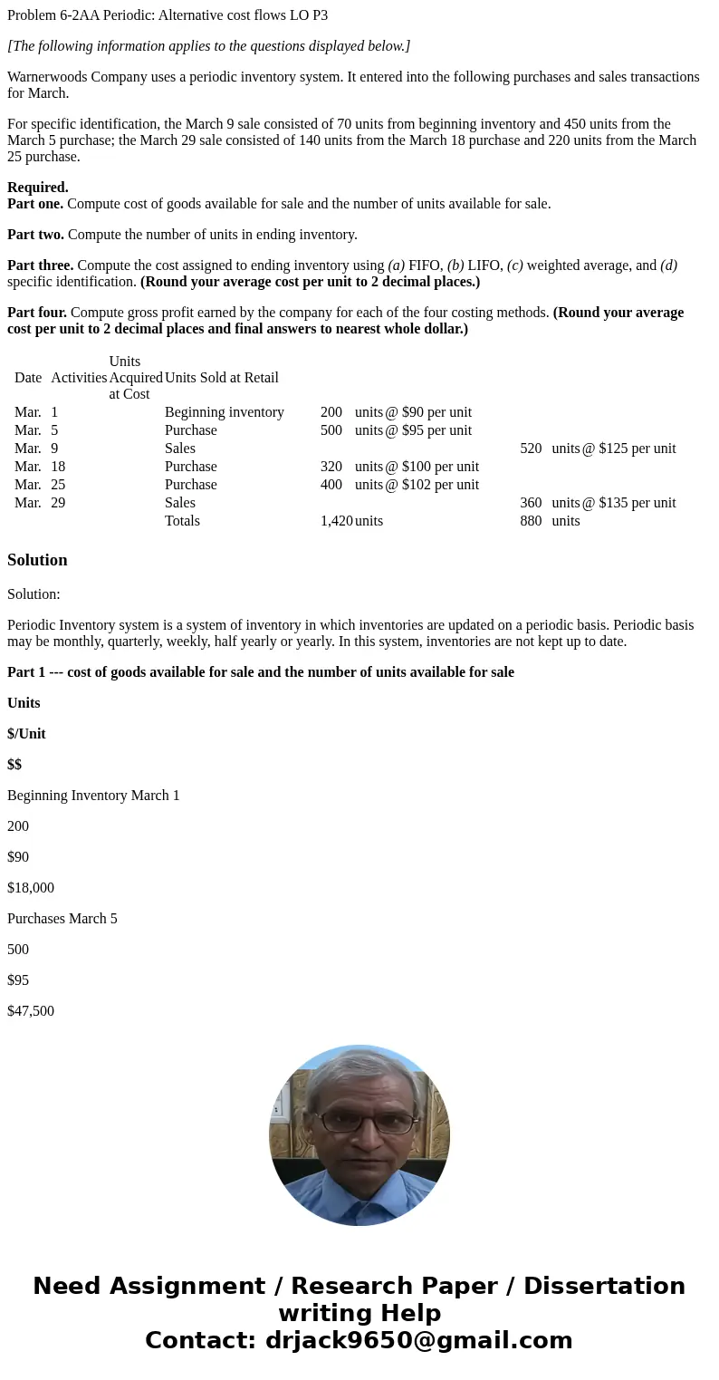 Problem 6-2AA Periodic: Alternative cost flows LO P3 [The following information applies to the questions displayed below.] Warnerwoods Company uses a periodic i