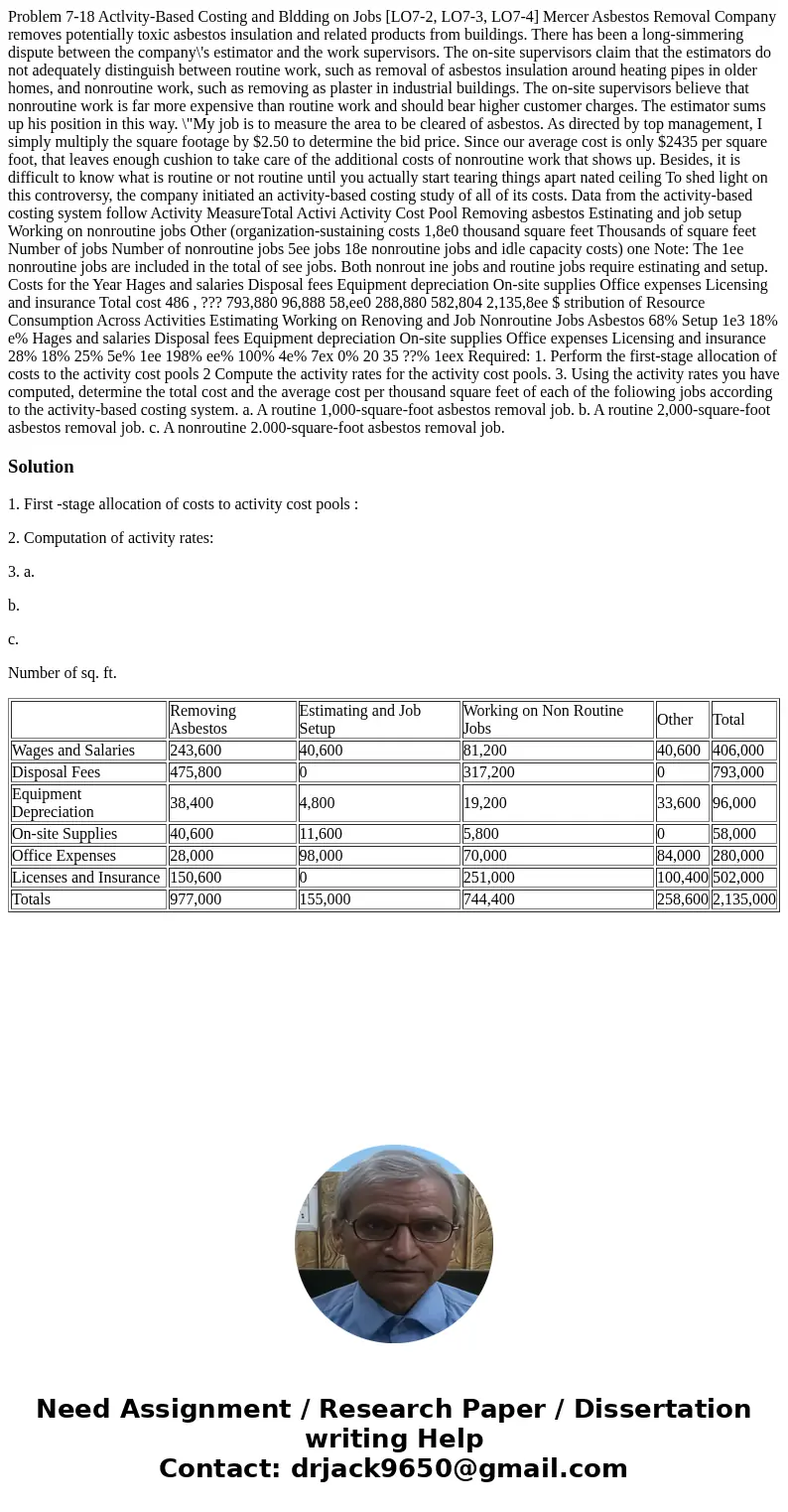  Problem 7-18 Actlvity-Based Costing and Bldding on Jobs [LO7-2, LO7-3, LO7-4] Mercer Asbestos Removal Company removes potentially toxic asbestos insulation and