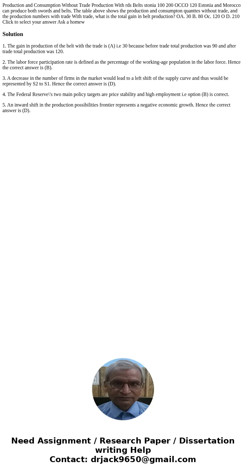 Production and Consumption Without Trade Production With rds Belts stonia 100 200 OCCO 120 Estonia and Morocco can produce both swords and belts. The table abo  Production and Consumption Without Trade Production With rds Belts stonia 100 200 OCCO 120 Estonia and Morocco can produce both swords and belts. The table abo