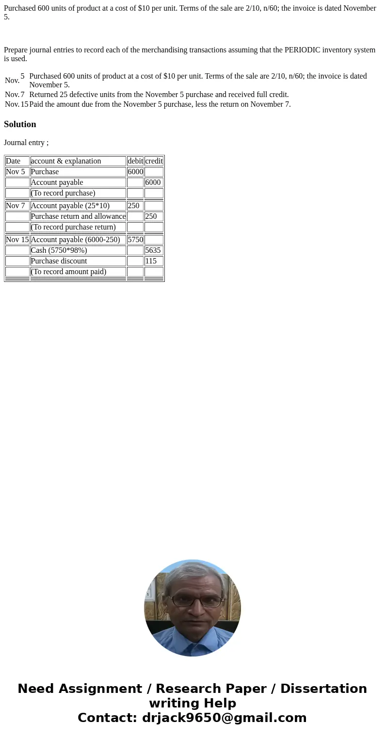 Purchased 600 units of product at a cost of $10 per unit. Terms of the sale are 2/10, n/60; the invoice is dated November 5. Prepare journal entries to record e Purchased 600 units of product at a cost of $10 per unit. Terms of the sale are 2/10, n/60; the invoice is dated November 5. Prepare journal entries to record e