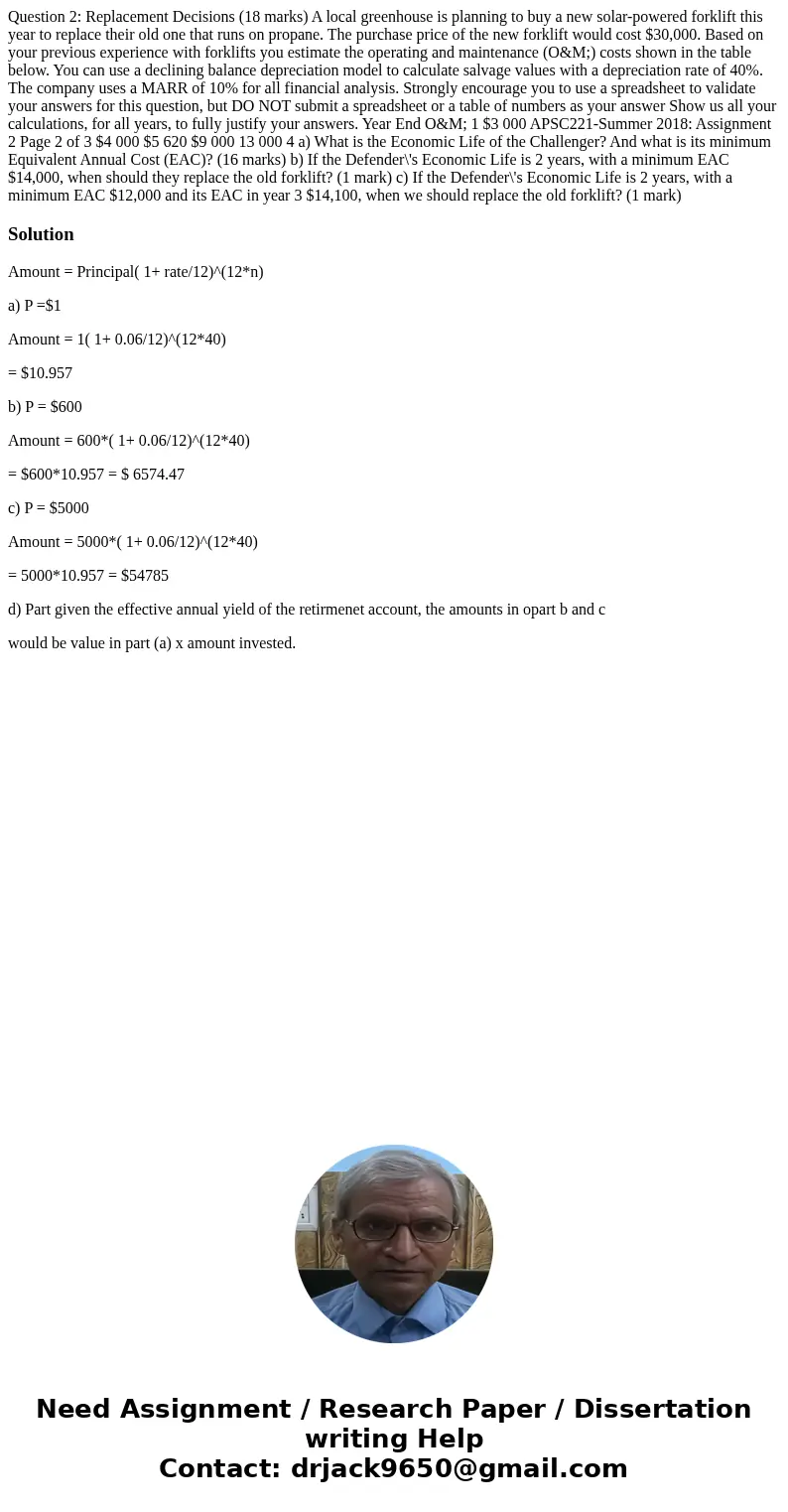 Question 2: Replacement Decisions (18 marks) A local greenhouse is planning to buy a new solar-powered forklift this year to replace their old one that runs on  Question 2: Replacement Decisions (18 marks) A local greenhouse is planning to buy a new solar-powered forklift this year to replace their old one that runs on