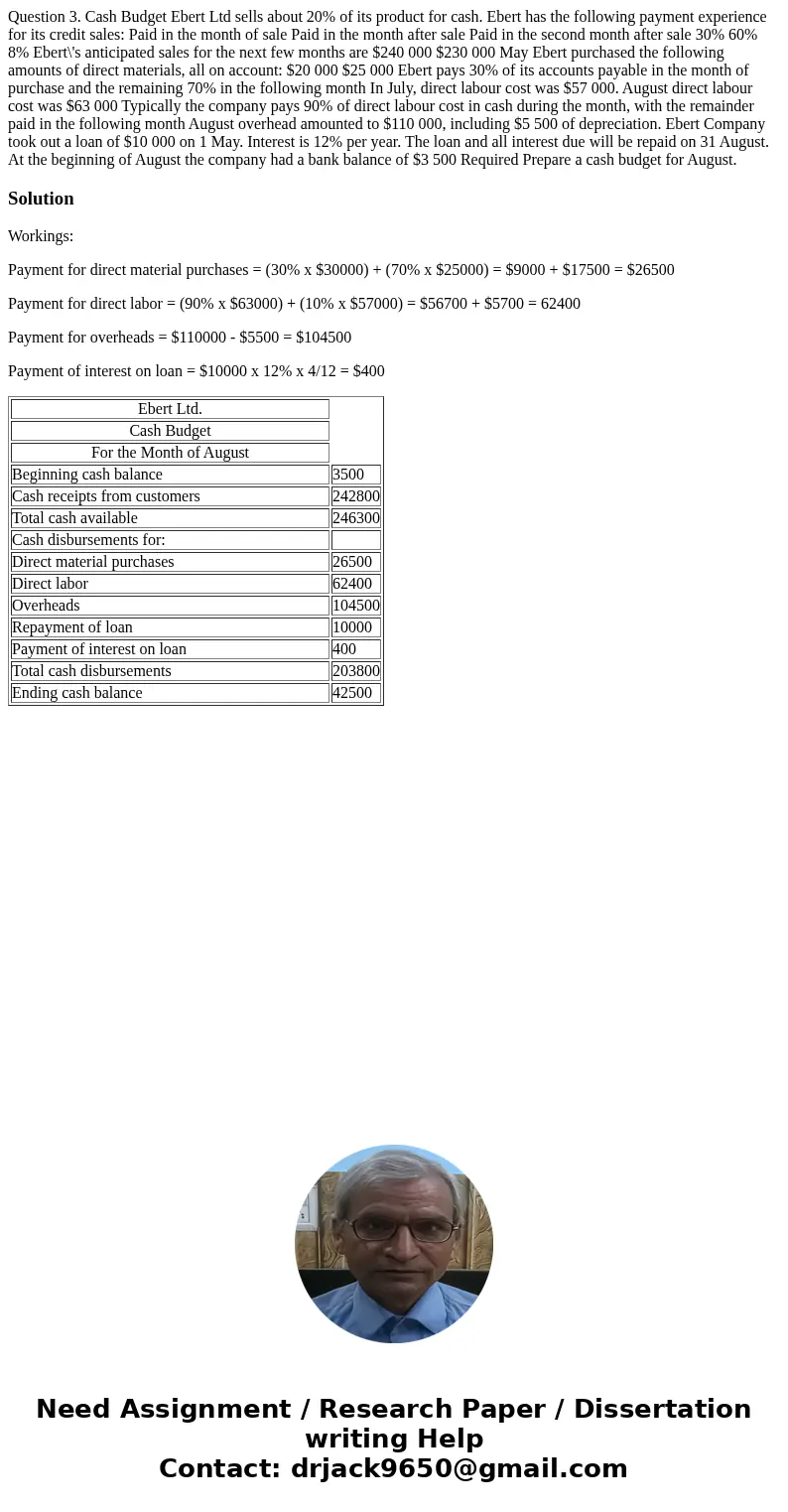  Question 3. Cash Budget Ebert Ltd sells about 20% of its product for cash. Ebert has the following payment experience for its credit sales: Paid in the month o
