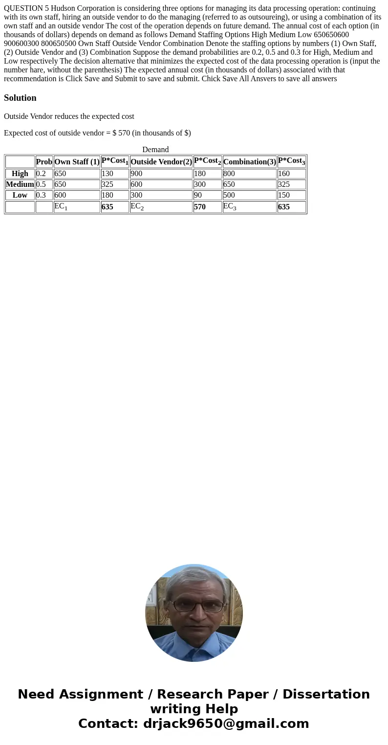 QUESTION 5 Hudson Corporation is considering three options for managing its data processing operation: continuing with its own staff, hiring an outside vendor   QUESTION 5 Hudson Corporation is considering three options for managing its data processing operation: continuing with its own staff, hiring an outside vendor