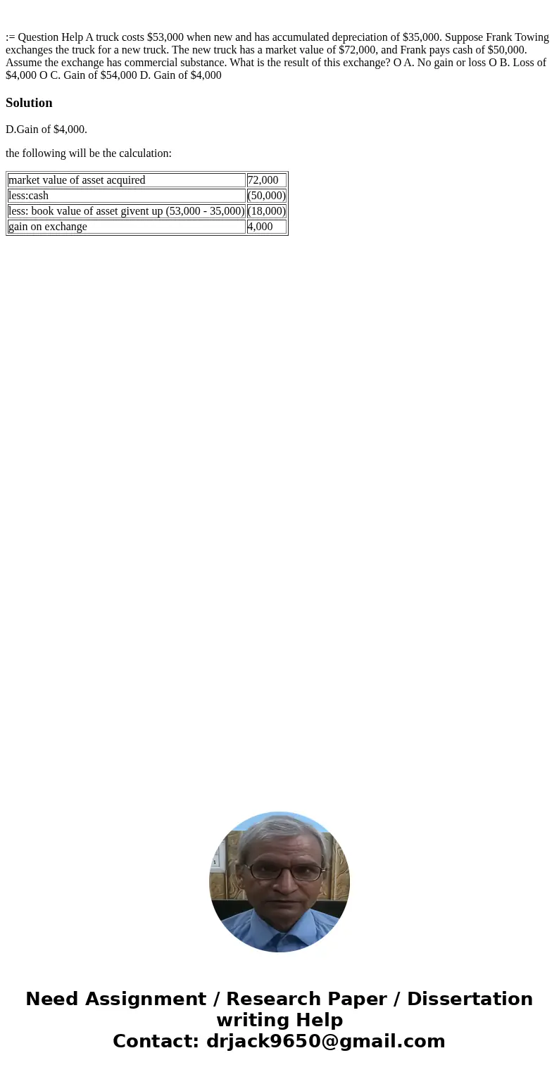  := Question Help A truck costs $53,000 when new and has accumulated depreciation of $35,000. Suppose Frank Towing exchanges the truck for a new truck. The new 