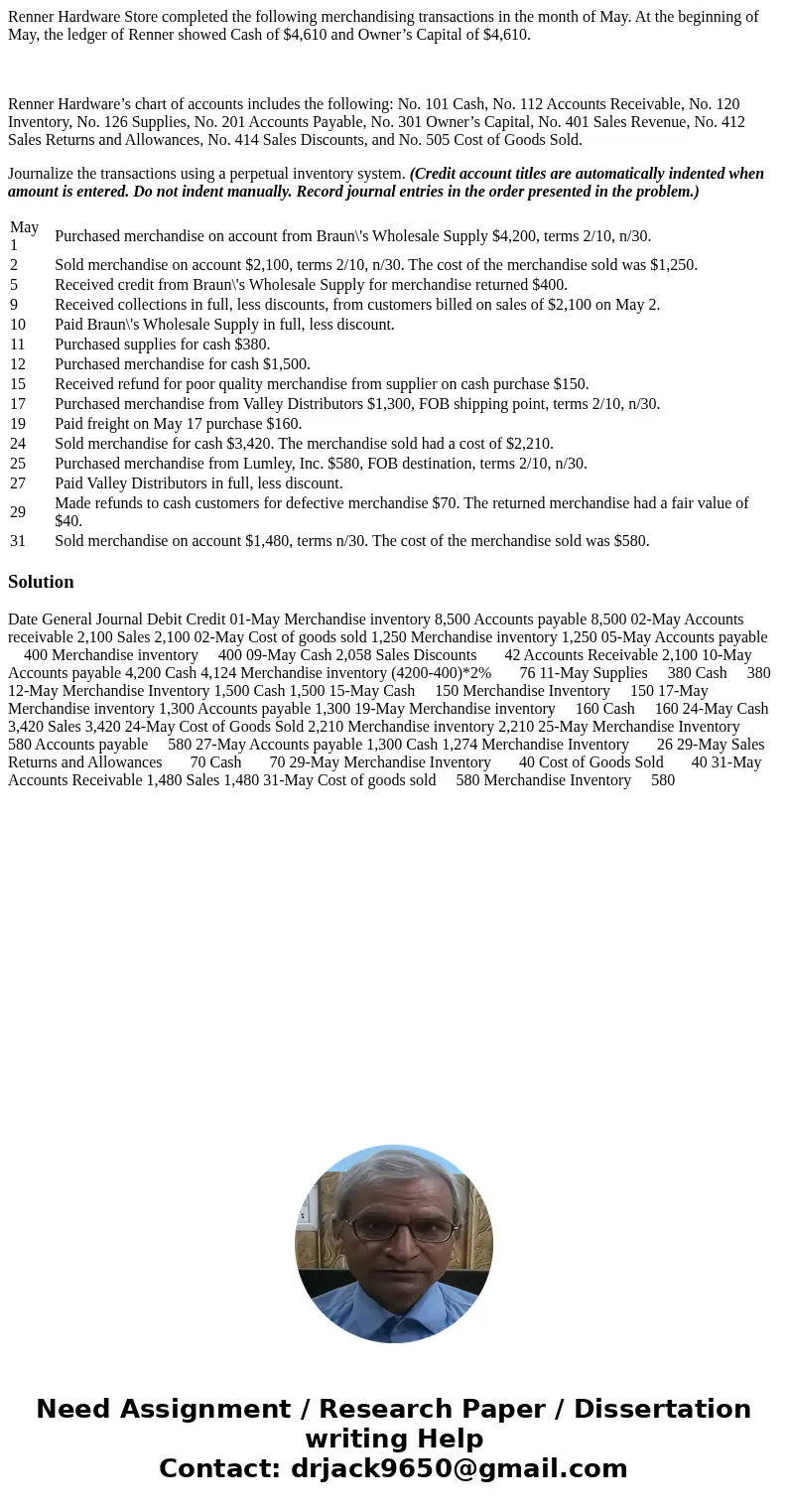 Renner Hardware Store completed the following merchandising transactions in the month of May. At the beginning of May, the ledger of Renner showed Cash of $4,61