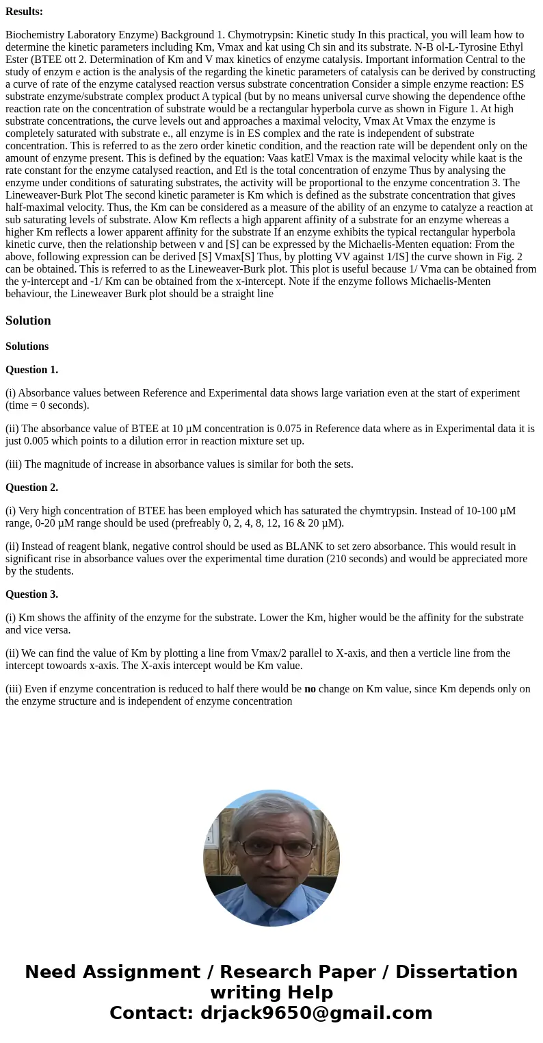 Results: Biochemistry Laboratory Enzyme) Background 1. Chymotrypsin: Kinetic study In this practical, you will leam how to determine the kinetic parameters incl Results: Biochemistry Laboratory Enzyme) Background 1. Chymotrypsin: Kinetic study In this practical, you will leam how to determine the kinetic parameters incl