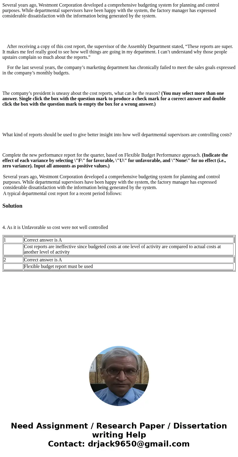 Several years ago, Westmont Corporation developed a comprehensive budgeting system for planning and control purposes. While departmental supervisors have been h