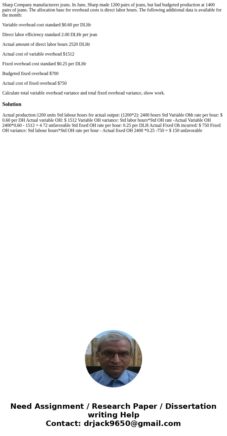 Sharp Company manufacturers jeans. In June, Sharp made 1200 pairs of jeans, but had budgeted production at 1400 pairs of jeans. The allocation base for overhead