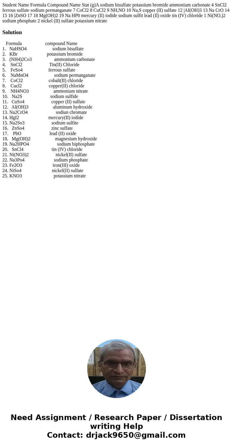  Student Name Formula Compound Name Stat (g)A sodium bisulfate potassium bromide ammonium carbonate 4 SnCl2 ferrous sulfate sodium permanganate 7 CoCl2 8 CuCl2 