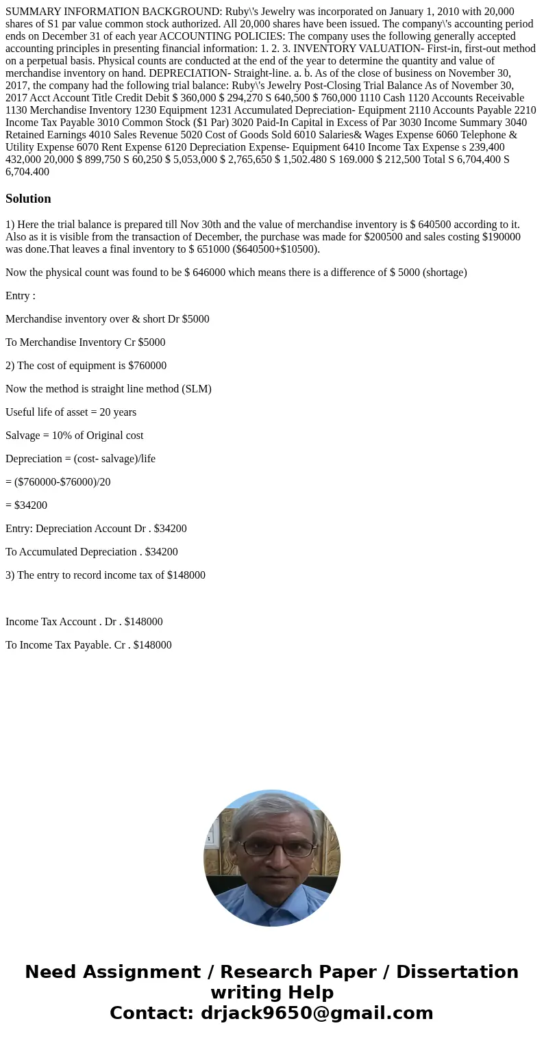  SUMMARY INFORMATION BACKGROUND: Ruby\'s Jewelry was incorporated on January 1, 2010 with 20,000 shares of S1 par value common stock authorized. All 20,000 shar