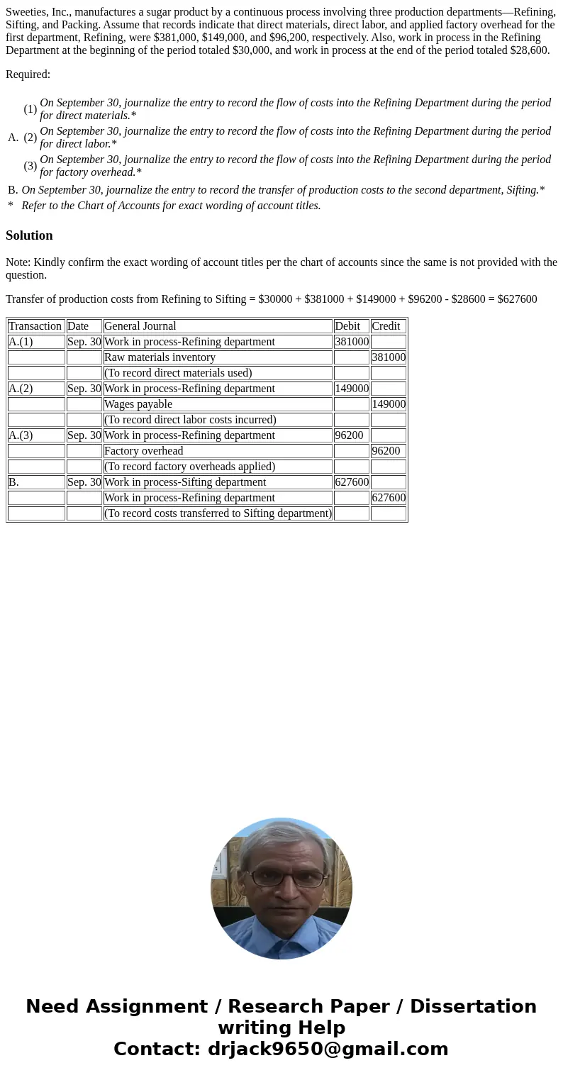 Sweeties, Inc., manufactures a sugar product by a continuous process involving three production departments—Refining, Sifting, and Packing. Assume that records 