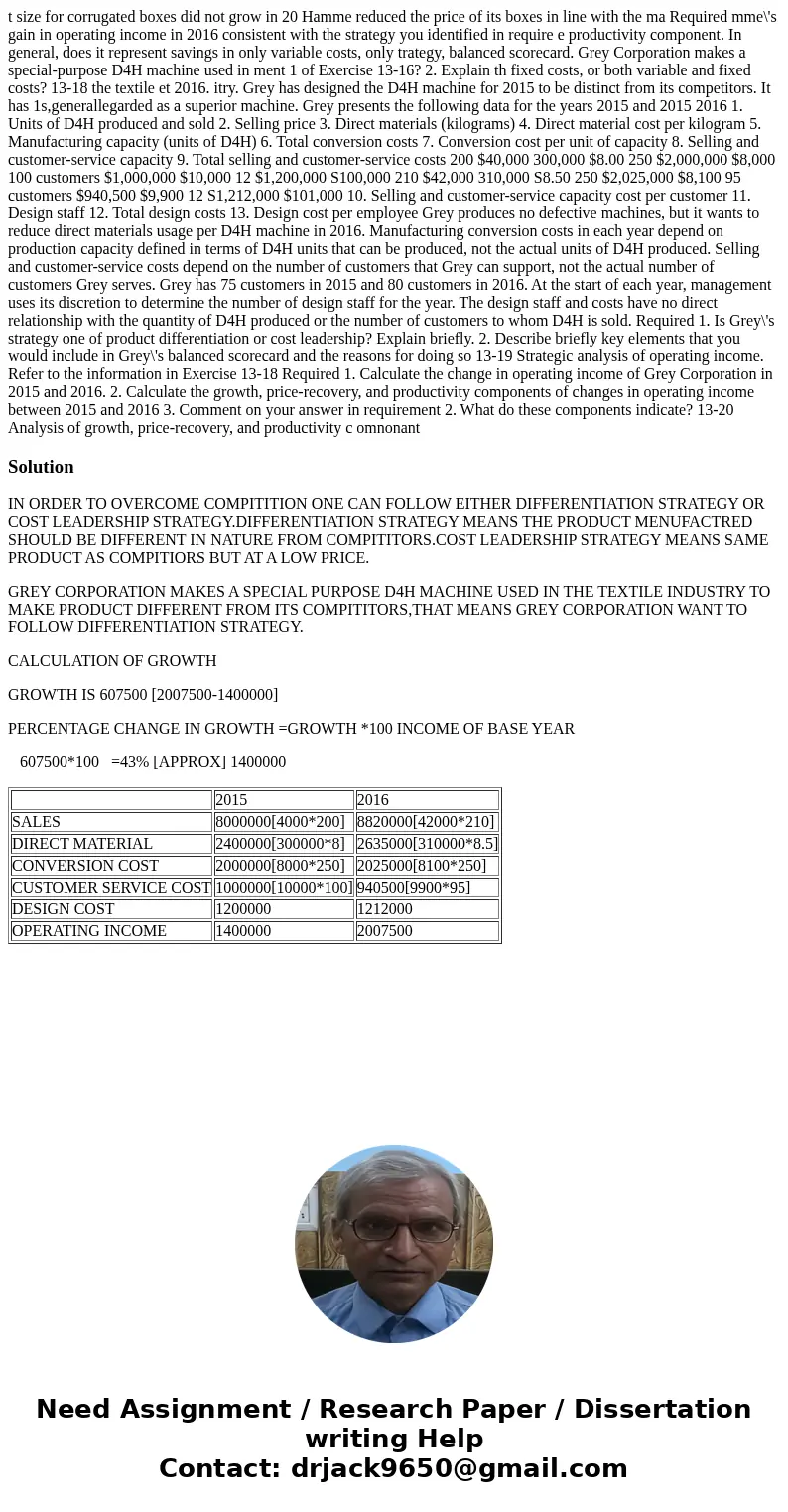  t size for corrugated boxes did not grow in 20 Hamme reduced the price of its boxes in line with the ma Required mme\'s gain in operating income in 2016 consis