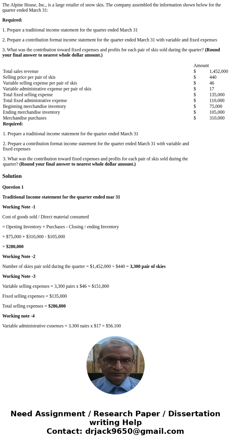 The Alpine House, Inc., is a large retailer of snow skis. The company assembled the information shown below for the quarter ended March 31: Required: 1. Prepare