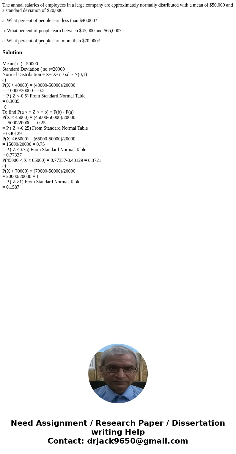 The annual salaries of employees in a large company are approximately normally distributed with a mean of $50,000 and a standard deviation of $20,000. a. What p The annual salaries of employees in a large company are approximately normally distributed with a mean of $50,000 and a standard deviation of $20,000. a. What p