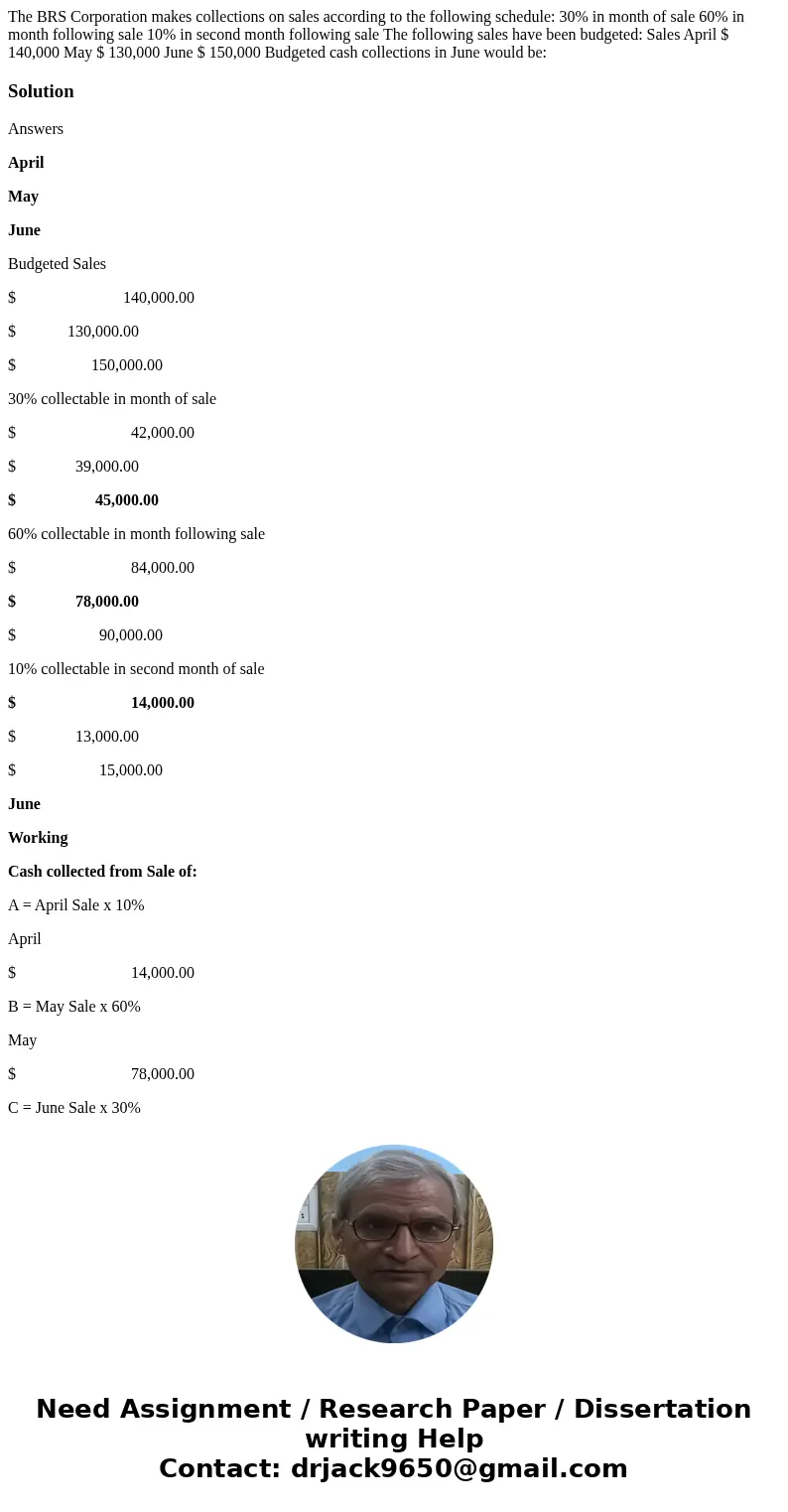 The BRS Corporation makes collections on sales according to the following schedule: 30% in month of sale 60% in month following sale 10% in second month followi