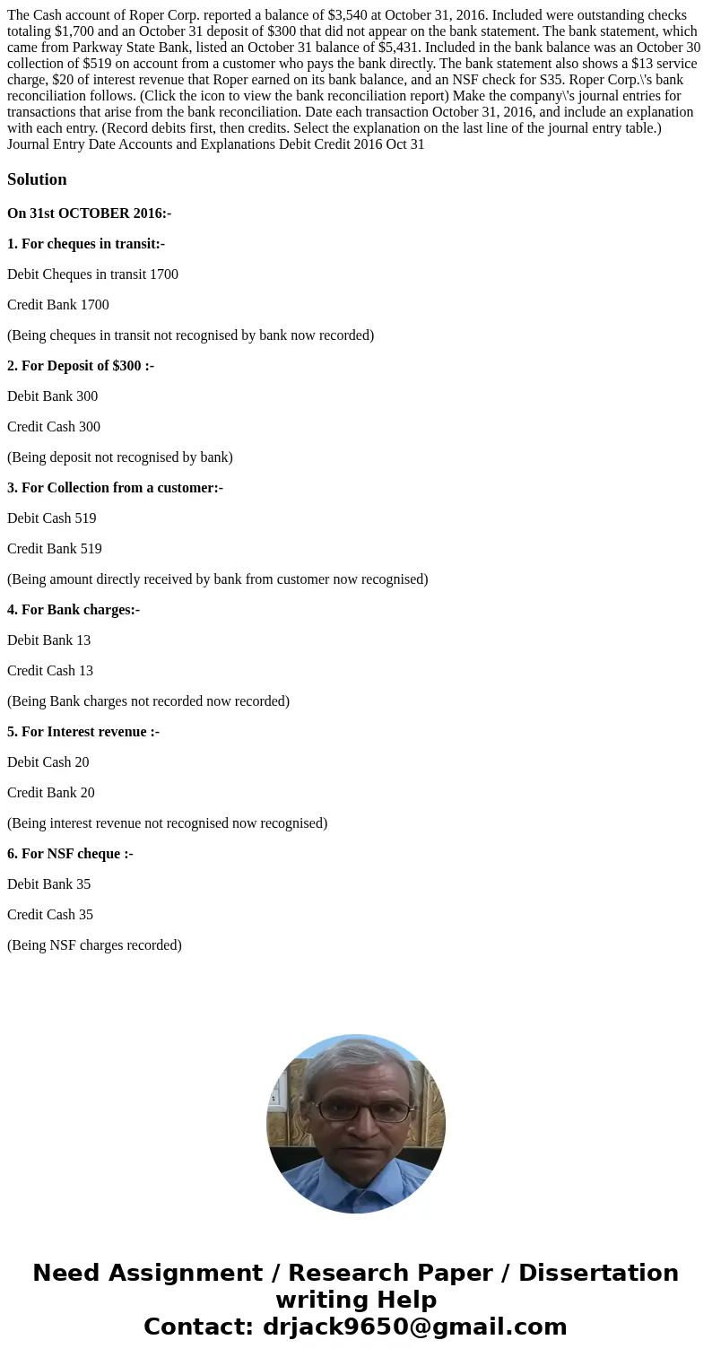  The Cash account of Roper Corp. reported a balance of $3,540 at October 31, 2016. Included were outstanding checks totaling $1,700 and an October 31 deposit of