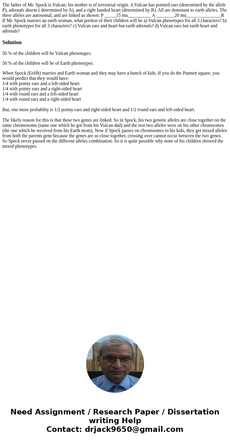 The father of Mr. Spock is Vulcan; his mother is of terrestrial origin. A Vulcan has pointed ears (determined by the allele P), adrenals absent ( determined by 