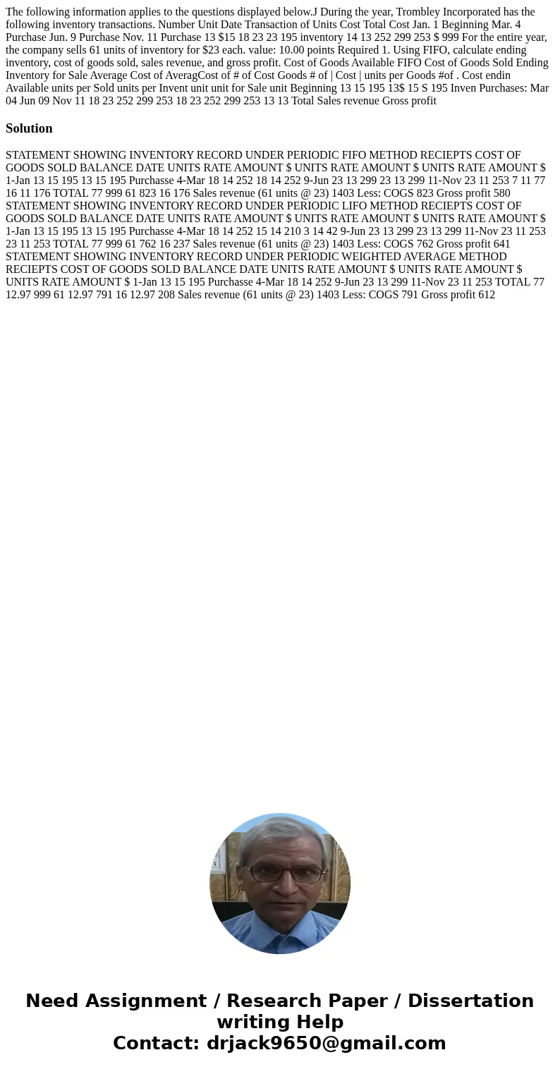  The following information applies to the questions displayed below.J During the year, Trombley Incorporated has the following inventory transactions. Number Un