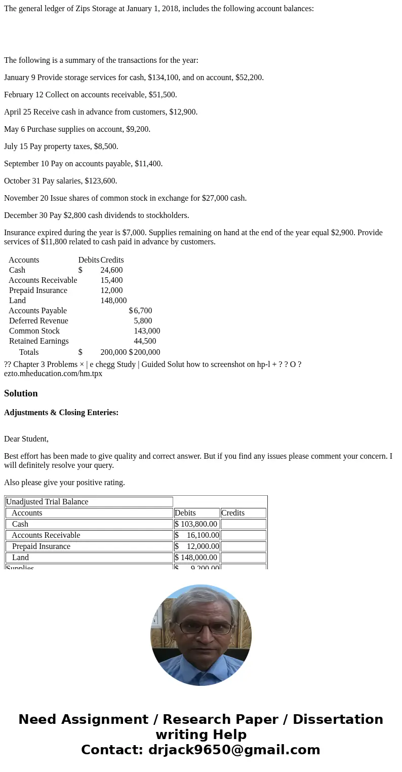 The general ledger of Zips Storage at January 1, 2018, includes the following account balances: The following is a summary of the transactions for the year: Jan