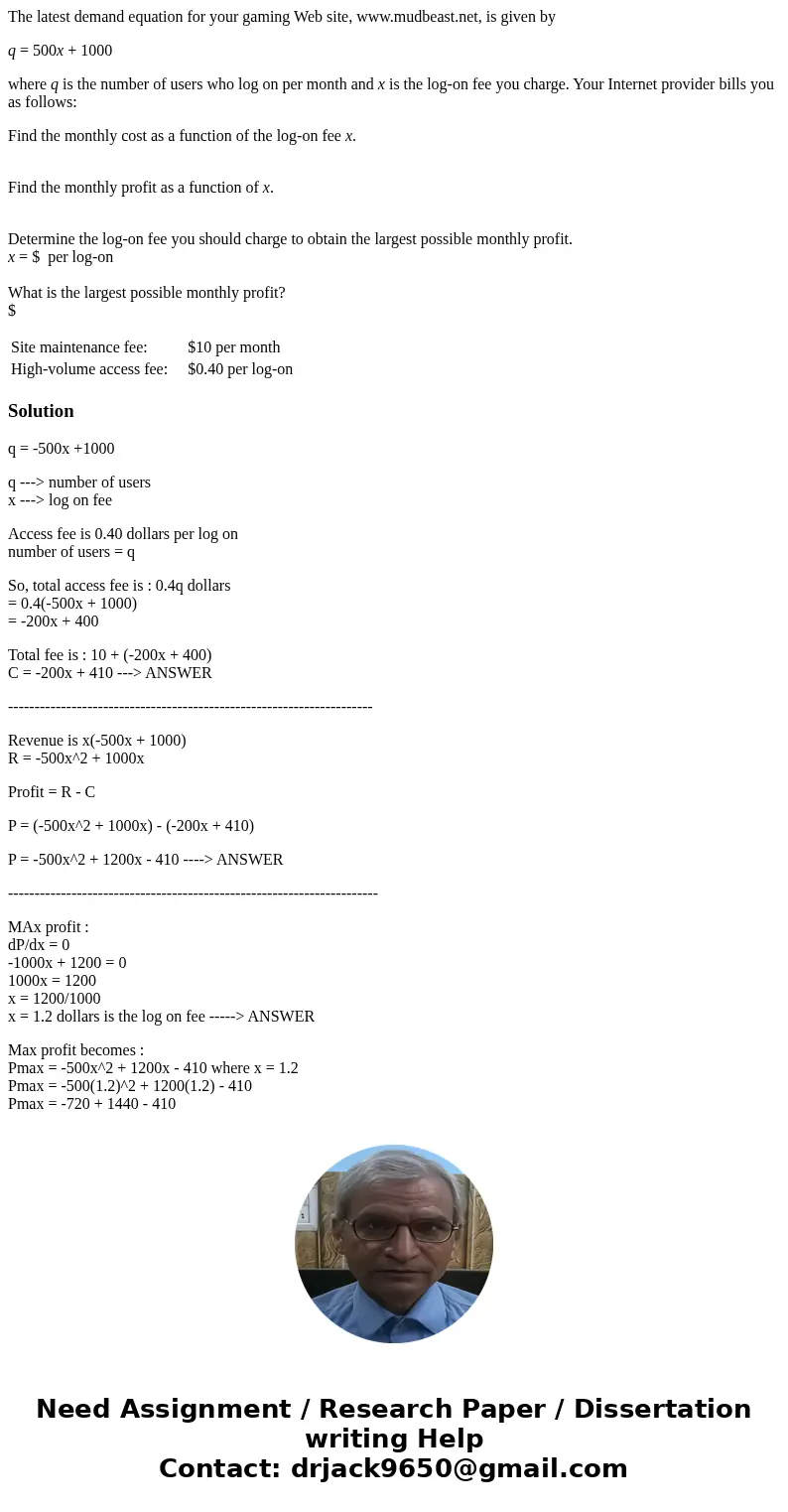 The latest demand equation for your gaming Web site, www.mudbeast.net, is given by q = 500x + 1000 where q is the number of users who log on per month and x is 