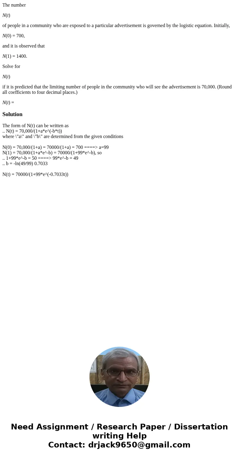 The number N(t) of people in a community who are exposed to a particular advertisement is governed by the logistic equation. Initially, N(0) = 700, and it is ob The number N(t) of people in a community who are exposed to a particular advertisement is governed by the logistic equation. Initially, N(0) = 700, and it is ob