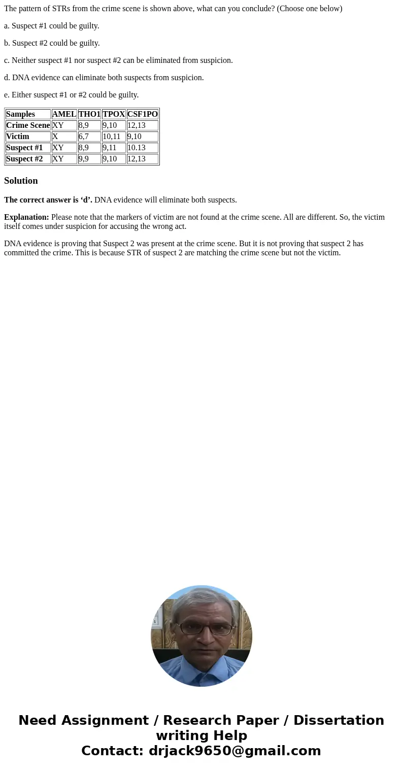 The pattern of STRs from the crime scene is shown above, what can you conclude? (Choose one below) a. Suspect #1 could be guilty. b. Suspect #2 could be guilty.
