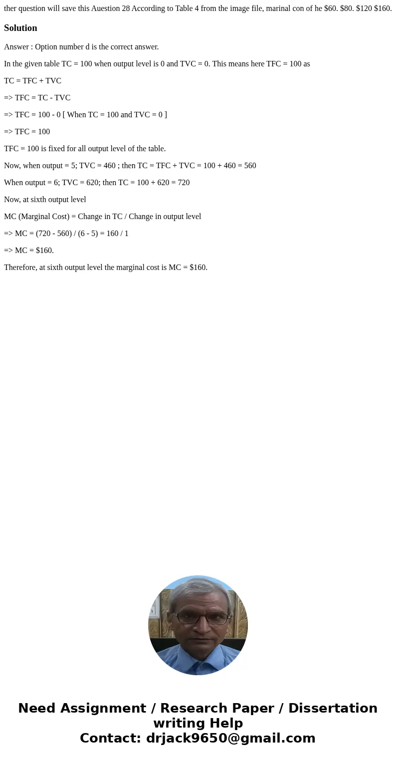 ther question will save this Auestion 28 According to Table 4 from the image file, marinal con of he $60. $80. $120 $160. SolutionAnswer : Option number d is t  ther question will save this Auestion 28 According to Table 4 from the image file, marinal con of he $60. $80. $120 $160. SolutionAnswer : Option number d is t