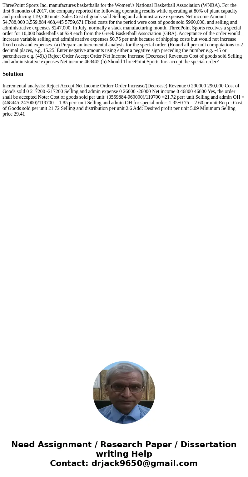  ThreePoint Sports Inc. manufactures basketballs for the Women\'s National Basketball Association (WNBA). For the tirst 6 months of 2017, the company reported t