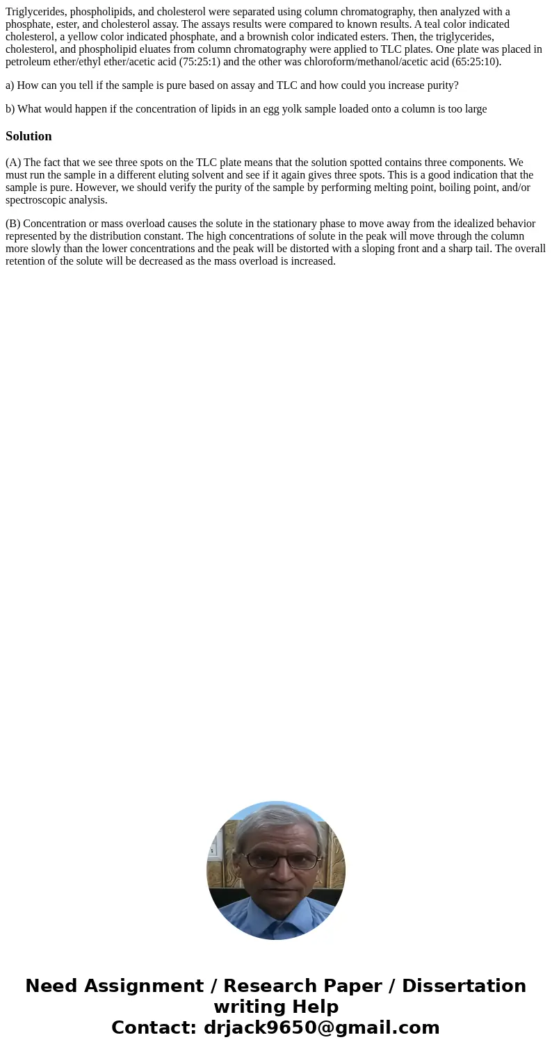 Triglycerides, phospholipids, and cholesterol were separated using column chromatography, then analyzed with a phosphate, ester, and cholesterol assay. The assa Triglycerides, phospholipids, and cholesterol were separated using column chromatography, then analyzed with a phosphate, ester, and cholesterol assay. The assa