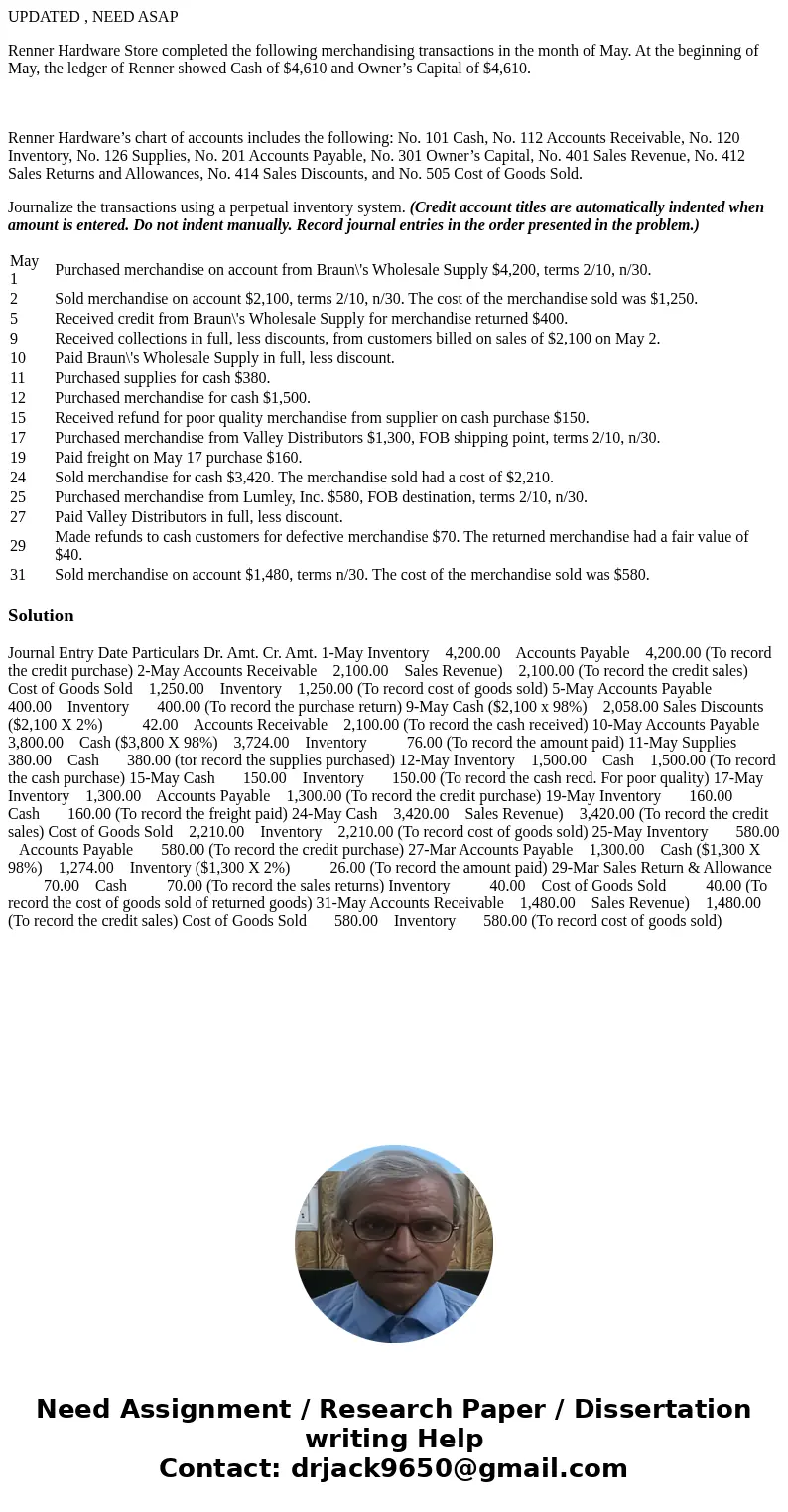 UPDATED , NEED ASAP Renner Hardware Store completed the following merchandising transactions in the month of May. At the beginning of May, the ledger of Renner  UPDATED , NEED ASAP Renner Hardware Store completed the following merchandising transactions in the month of May. At the beginning of May, the ledger of Renner