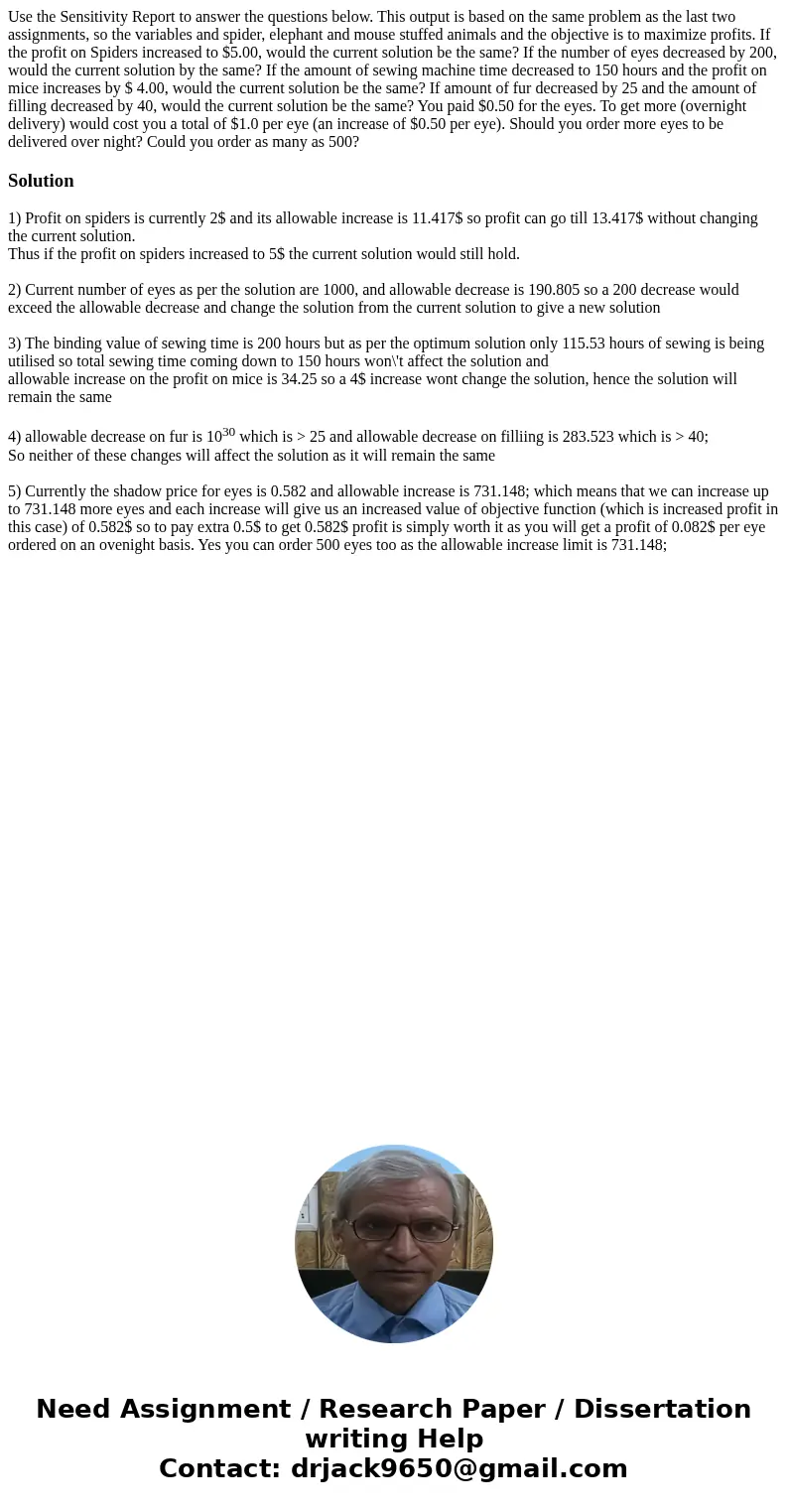  Use the Sensitivity Report to answer the questions below. This output is based on the same problem as the last two assignments, so the variables and spider, el