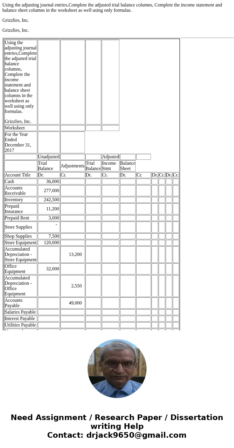 Using the adjusting journal entries,Complete the adjusted trial balance columns, Complete the income statement and balance sheet columns in the worksheet as wel