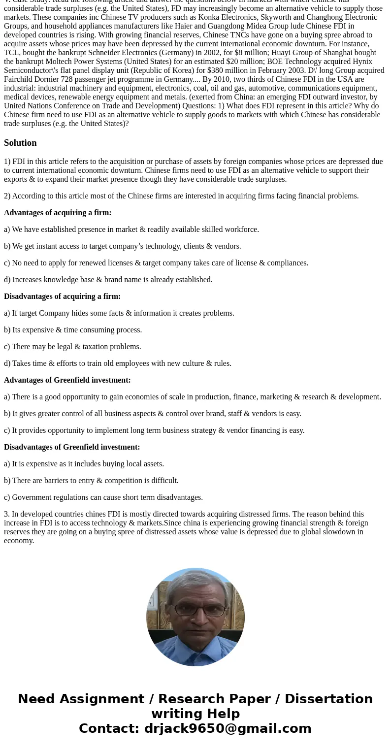 V. Case Study: Read the following article and answer the questions below In markets with which Chinese has considerable trade surpluses (e.g. the United States  V. Case Study: Read the following article and answer the questions below In markets with which Chinese has considerable trade surpluses (e.g. the United States