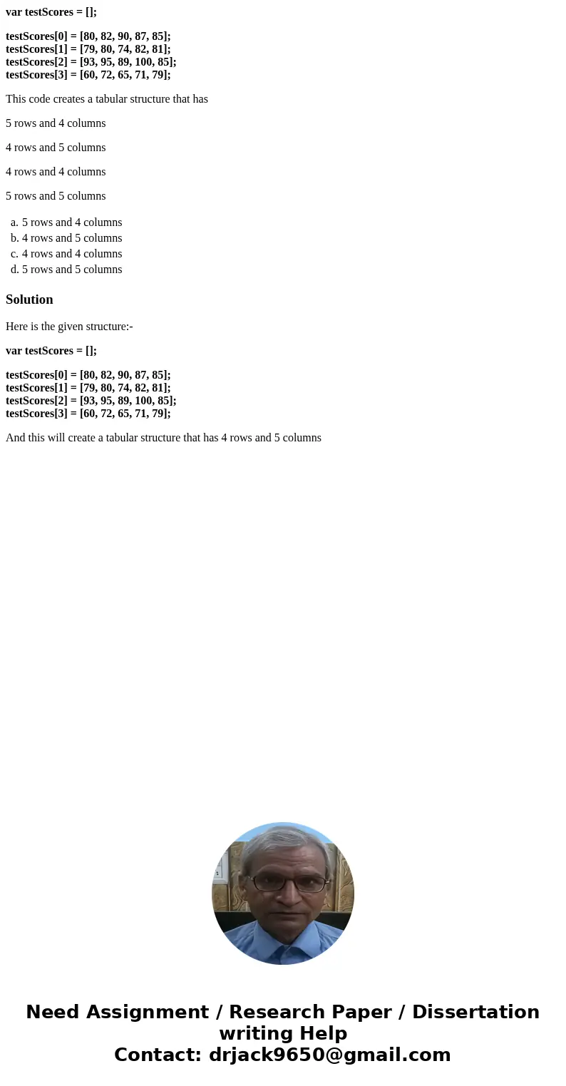 var testScores = []; testScores[0] = [80, 82, 90, 87, 85]; testScores[1] = [79, 80, 74, 82, 81]; testScores[2] = [93, 95, 89, 100, 85]; testScores[3] = [60, 72,