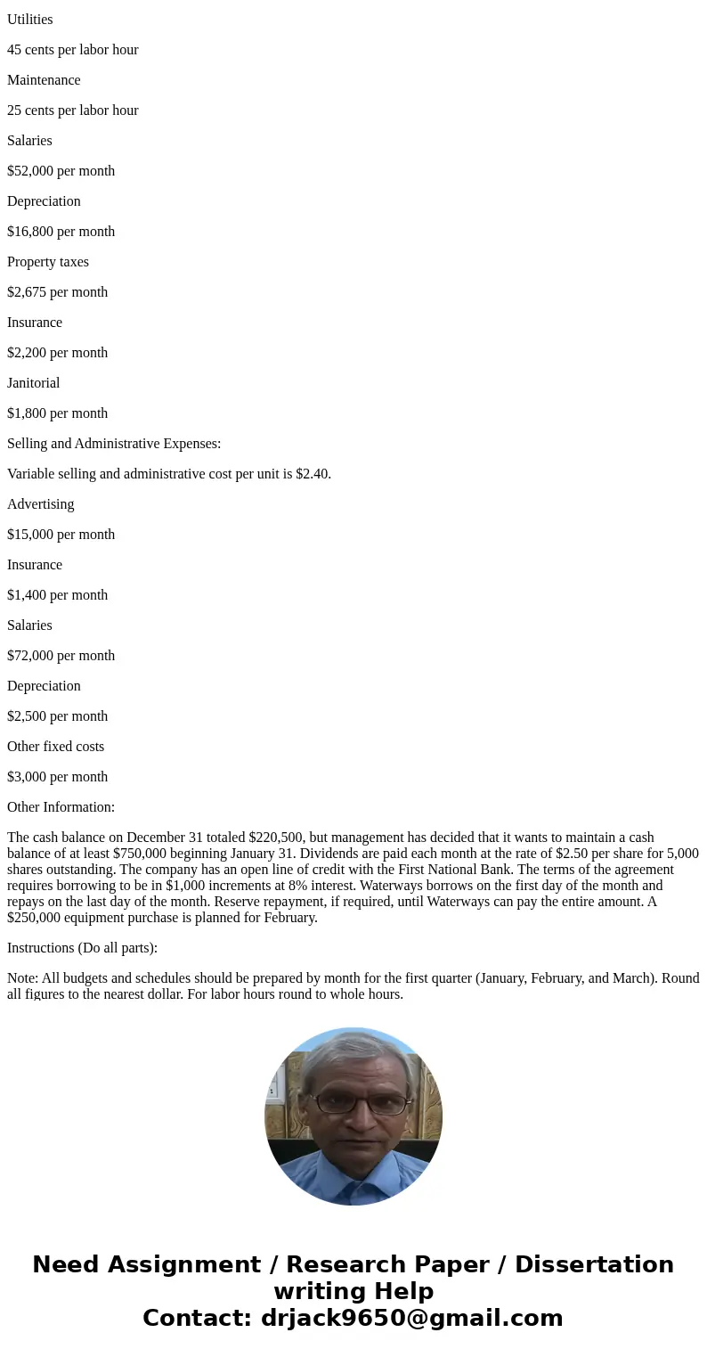 Waterways for Chapter 9 (WCP9sum) Waterways Corporation is preparing its budget for the coming year. The first step is to plan for the first quarter of that com