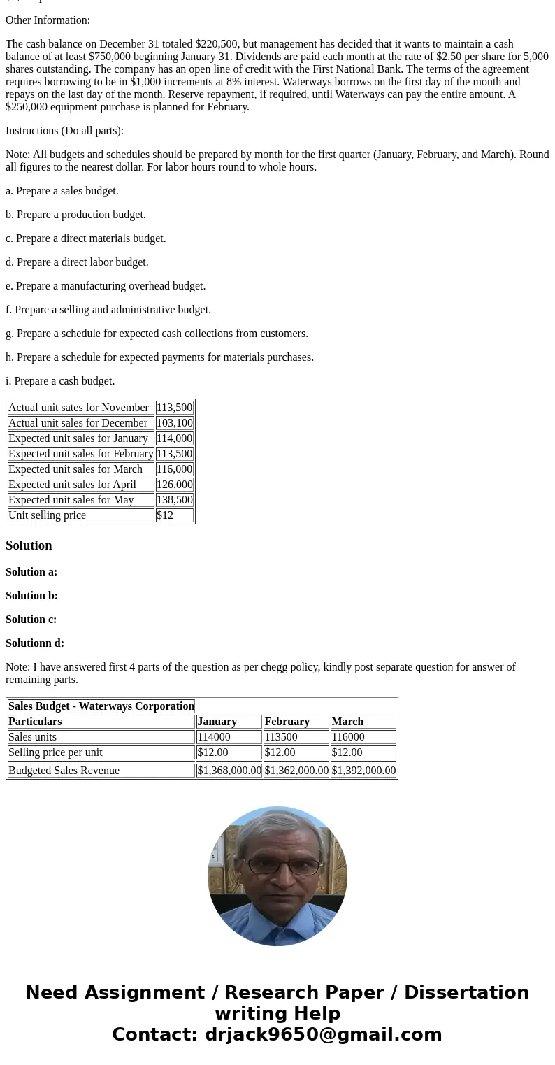 Waterways for Chapter 9 (WCP9sum) Waterways Corporation is preparing its budget for the coming year. The first step is to plan for the first quarter of that com